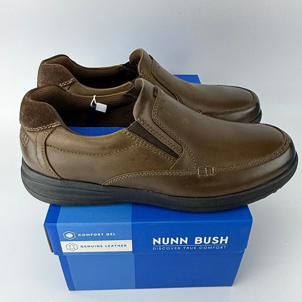 Nunn Bush Cam Slip-On Brown Leather Comfort Gel Shoes Mens 9.5 M NIB